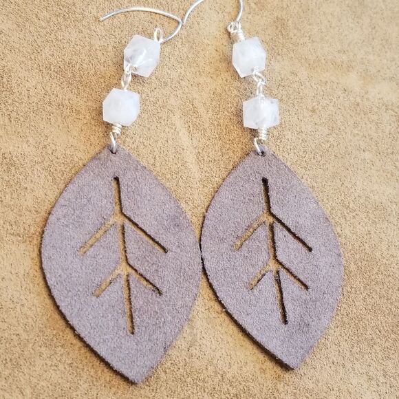 Handmade Brown Leather Leaf Earrings with White Beads - Picture 2 of 5